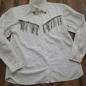 Vintage pearl snap button front Beaded fringe cowgirl shirt sz L